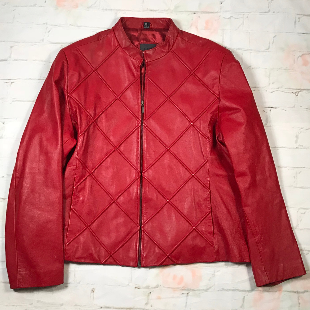 Women's Red Leather Zip Jacket